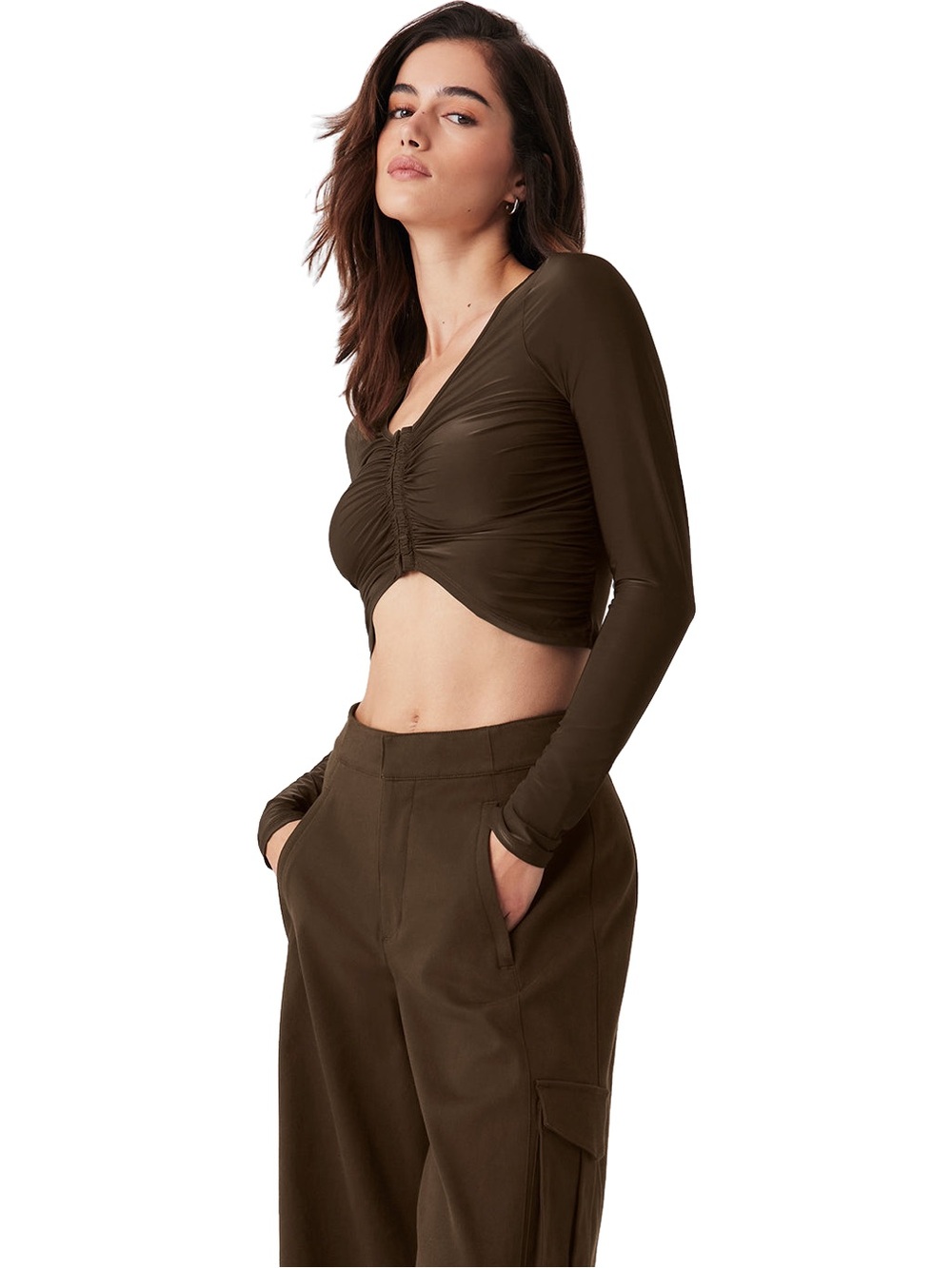 ALO Yoga Long Sleeve Top Tee Shirt Crop Cropped Cinched Brown Size XS